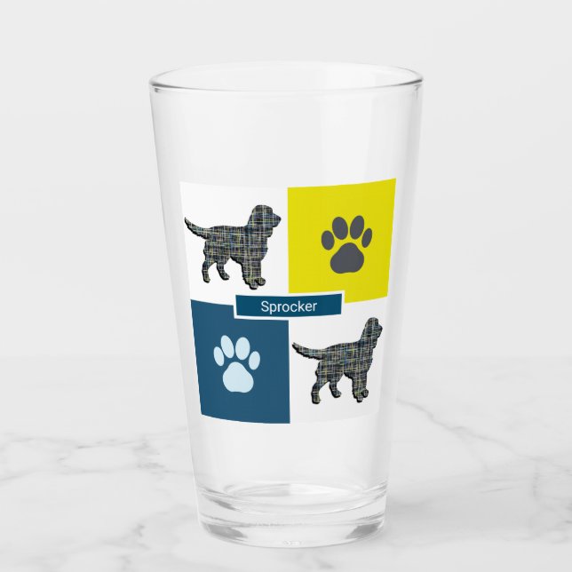 Verre Sprocker Spaniel Chien Silhouette et Paw Y&B Grid (Devant)
