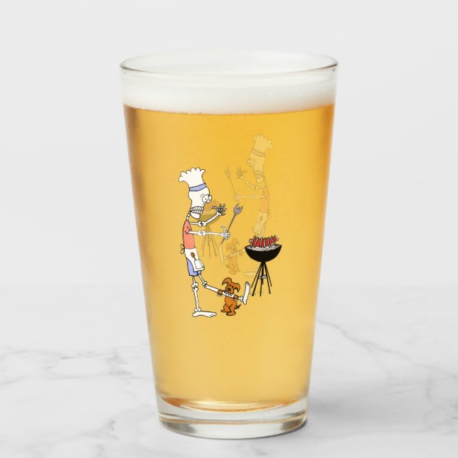 Verre Squelette Chef grillant BBQ et Chien Gnawing sur o (Devant (rempli))