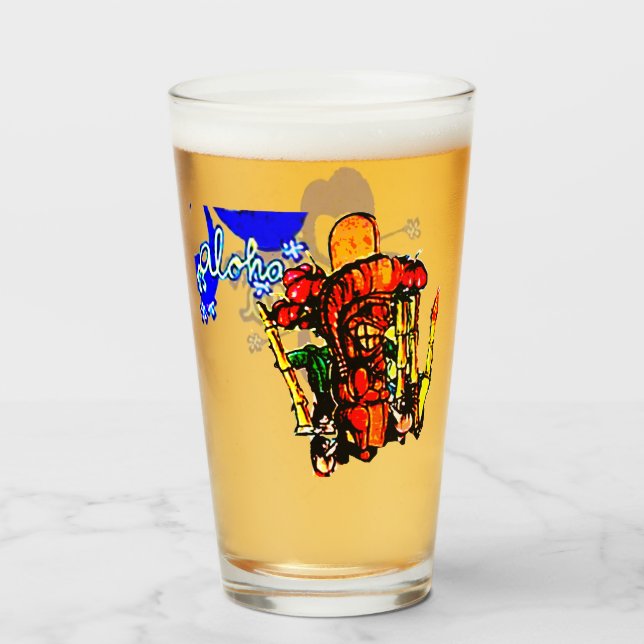 Verre Statue de Tiki avec Menehune et Hibiscus (Devant (rempli))