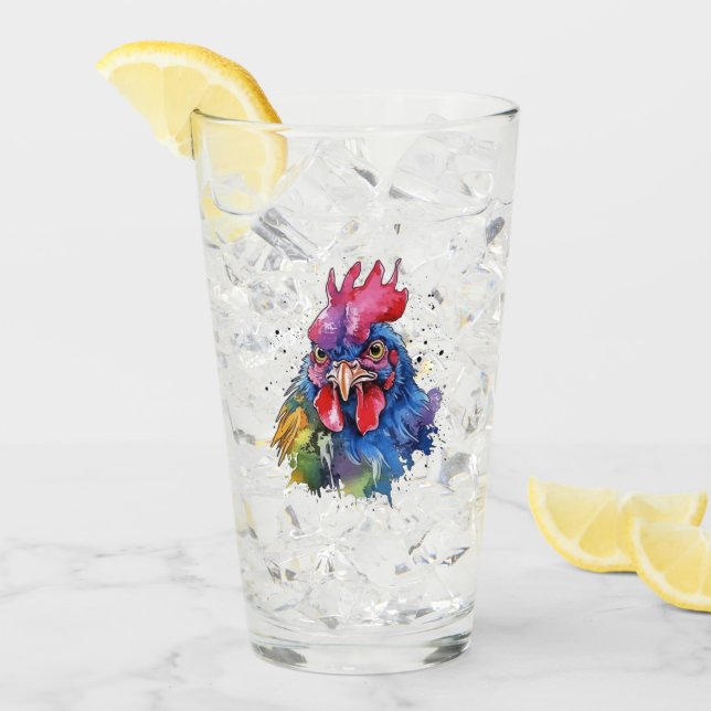 Verre Style d'aquarelle de poulet du coq du pays (Devant glace)