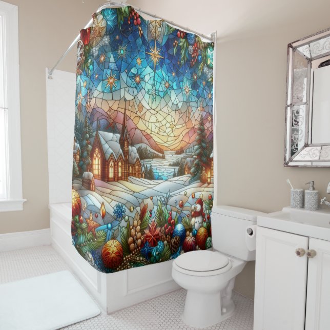 Verre Tiré Scène de Noël Douche rideau (En situation)