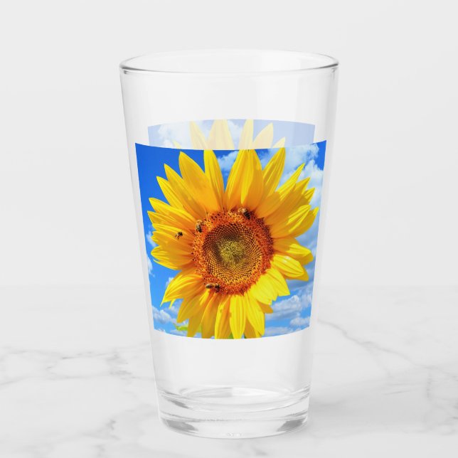 Verre Tournesol jaune et abeilles sur le ciel bleu (Devant)