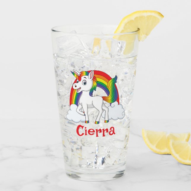 Verre Unicorne blanche et arc-en-ciel Nom personnalisé (Dos glace)
