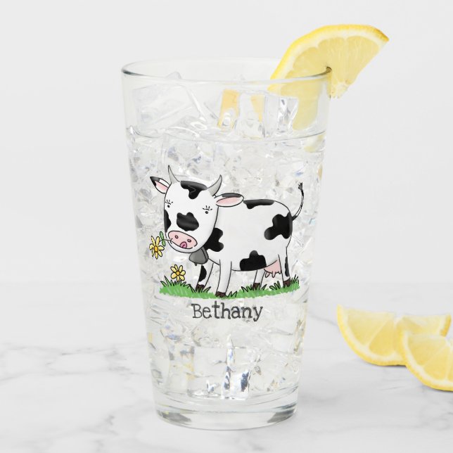 Verre Vache mignonne en vert dessin animé sur le terrain (Dos glace)