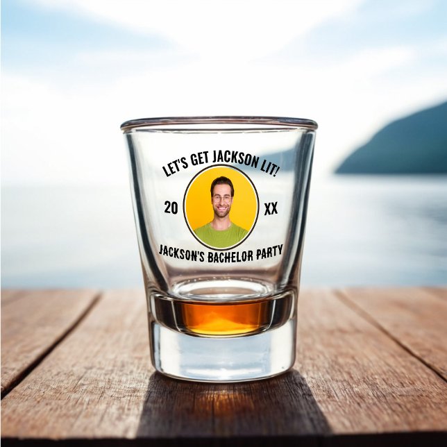 Verres à shot pour enterrement de vie de garçon Le (Photo Bachelor Party Shot Glass, Let's Get The Groom Lit!)