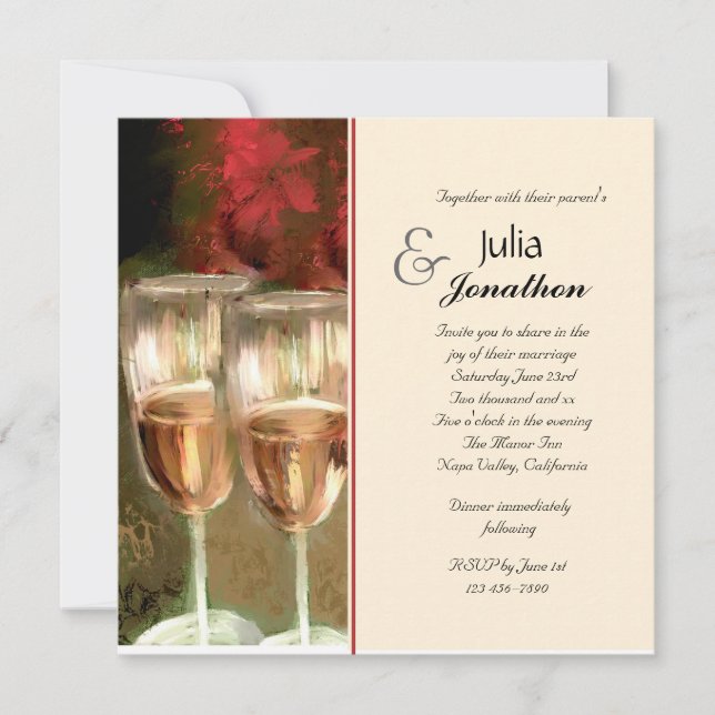 Verres de vin romantiques et faire-part de mariage (Devant)