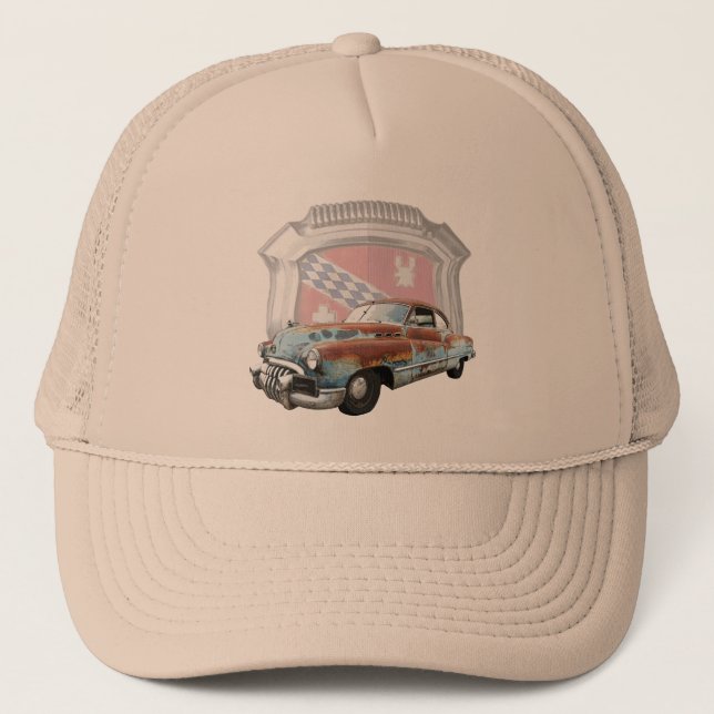 Verrostetes Buick 1950, das vor klassischem Emblem Truckerkappe (Vorderseite)