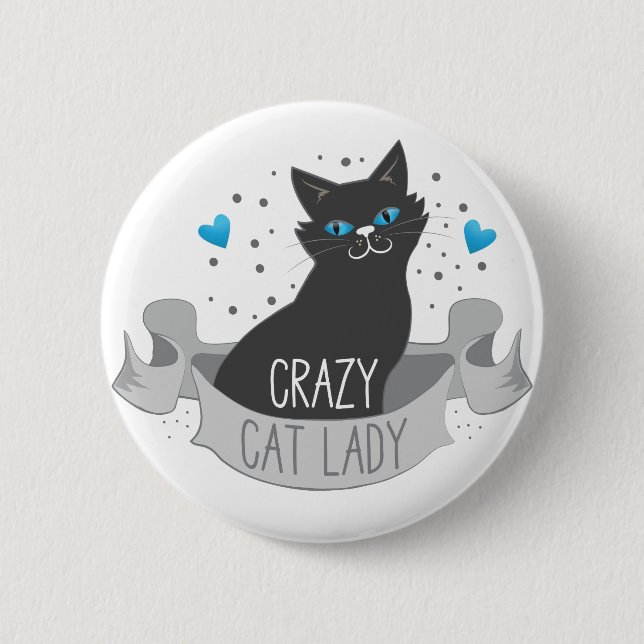 verrückte Damenfahne der schwarzen Katze Button (Vorderseite)