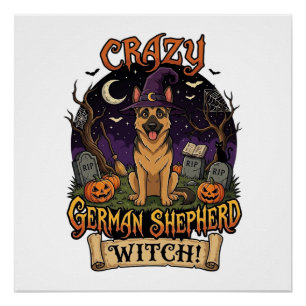 Verrückte Deutsche Schäferhund Hexe Halloween Hund Poster