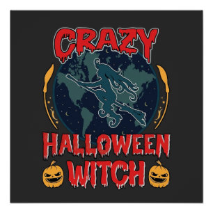 Verrückte Halloween Hexe Kürbis Fliegender Mond Gr Poster