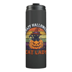 Verrückte Halloween-Katzen-Lady Schwarzer Kürbis-H Thermosbecher