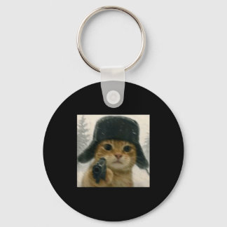 Verrückte Katze mit Ushanka-Mütze Russisches Meme- Schlüsselanhänger