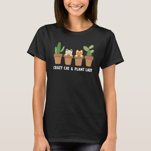 Verrückte Katze & Pflanzen-Dame Kaktus Haustier  M T-Shirt (Vorderseite)