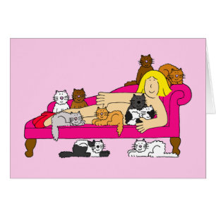 Verrückte Katzen-Dame mit Katzen, Karikatur