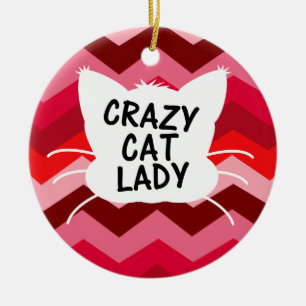 Verrückte Katzen-Dame mit rotem Zickzack Muster Keramik Ornament