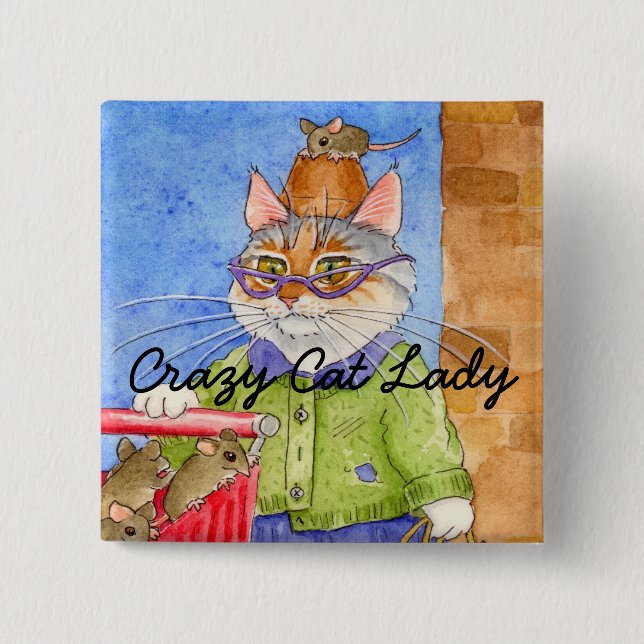 Verrückte Katzen-Dame quadratisches pinback Button (Vorderseite)