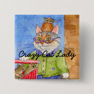 Verrückte Katzen-Dame quadratisches pinback Button