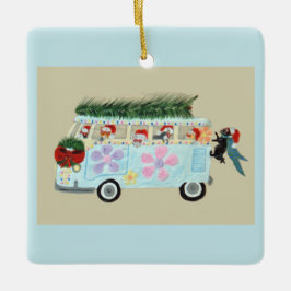 Verrückte Katzen in ihrem Weihnachts-Hippie-Van Keramikornament