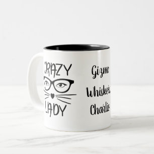 Verrückte Katzenlady 3 Katzennamen monogrammiert Zweifarbige Tasse