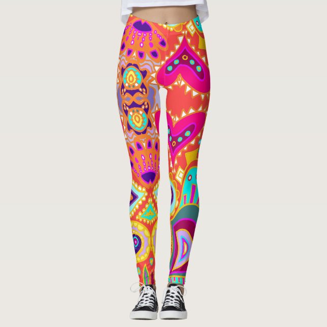 Verrückte Paisley-Orange Leggings (Vorderseite)