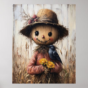 Verrückter Vogelscheuche mit Sonnenblumen Poster