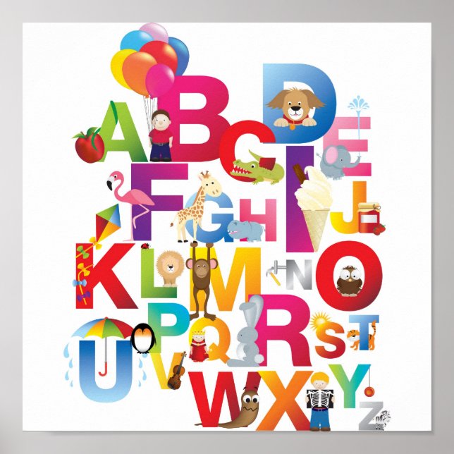 verrücktes Cartoon-Alphabet gerahmt drucken Poster (Vorne)