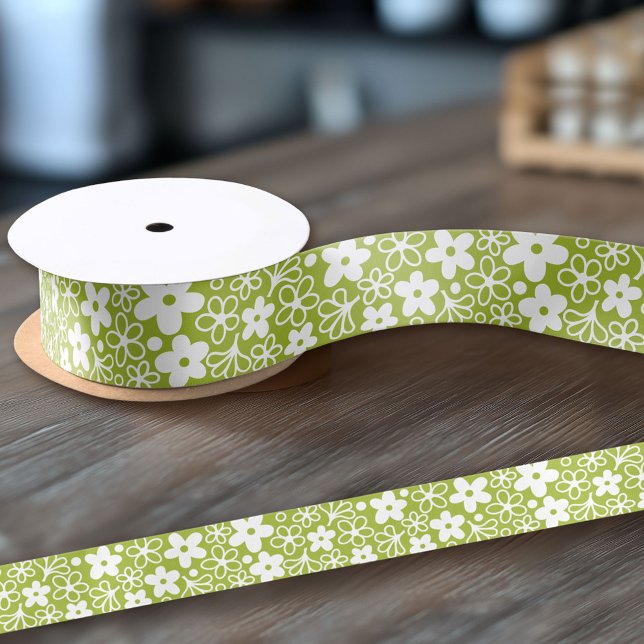 Verrücktes Gänseblümchen-Muster in Frühlingsgrün Satinband (Custom Ribbon on a Roll - Personalize this ribbon with you text)