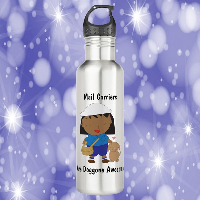 Versandhäuser sind Phantastische Schwarze Weibchen Edelstahlflasche (A water bottle featuring a black female mail carrier and the text, Mail Carriers Are Doggone Awesome)
