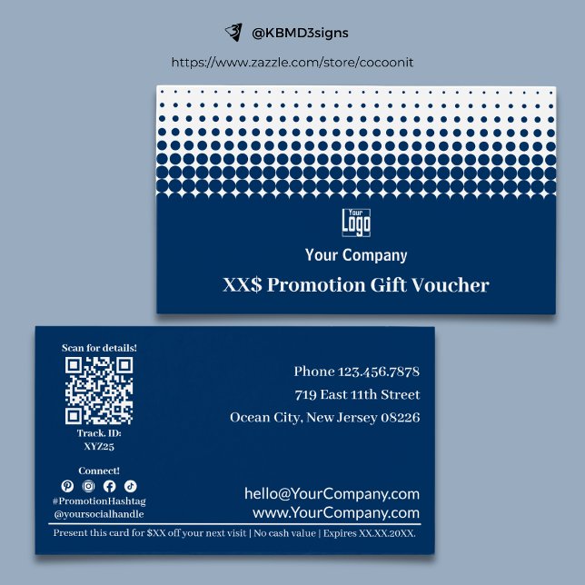 Versatile Business Promo Blue Gutscheinkarte (Versatile Business Promo Blue Gift Voucher Card, Logo, QR code, SM Connect, Terms)