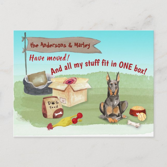 Verschieben von Doberman Dog Toys Unsere neue Zuha Postkarte (Vorderseite)