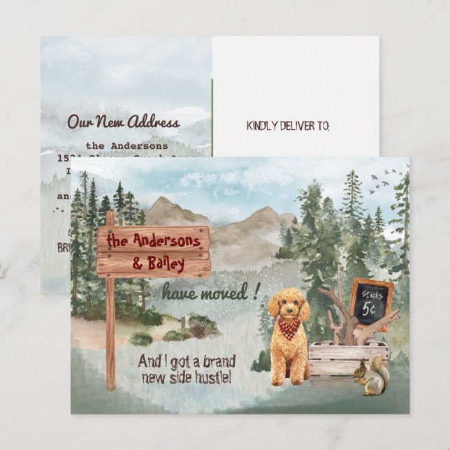 Verschieben von Goldendoodle Welpe Woods neue Adre Ankündigungspostkarte (Vorne/Hinten)