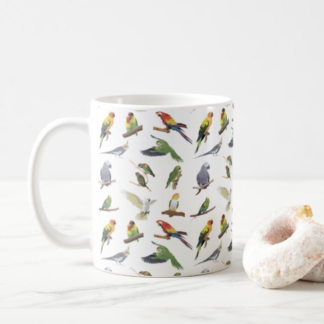 Verschiedene bunte Papageien Kaffeetasse (Mit Donut)