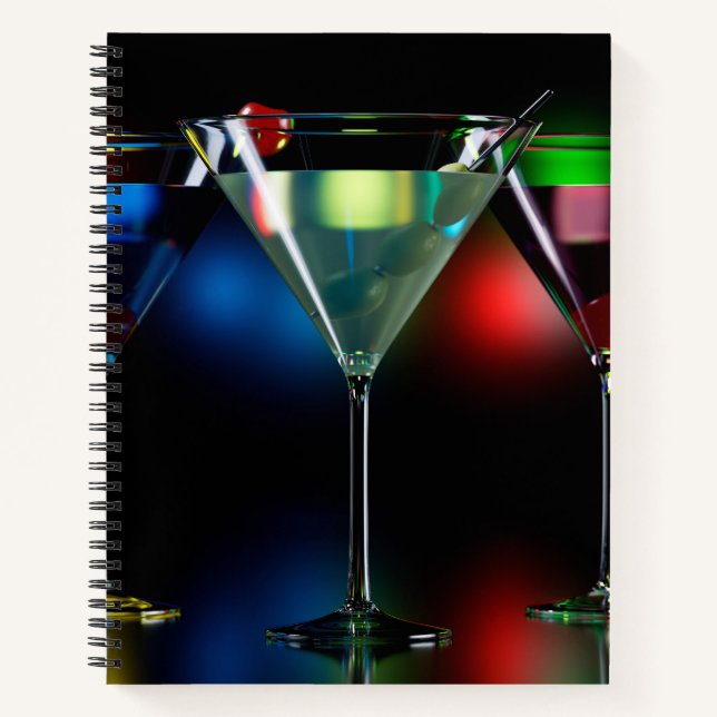 Verschiedene Cocktails in Martini Brillen mit Lich Notizbuch (Vorderseite)