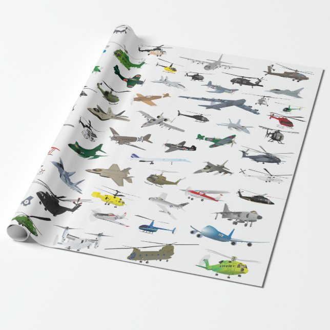 Verschiedene farbige Flugzeuge und Hubschrauber Geschenkpapier (Ungerollt)