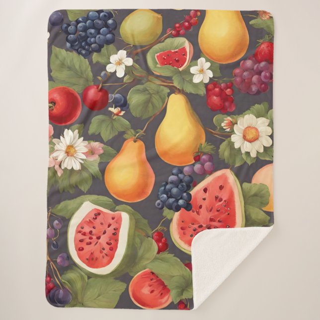 Verschiedene Früchte, üppige Blätter und wundersch Sherpadecke (Vorderseite)
