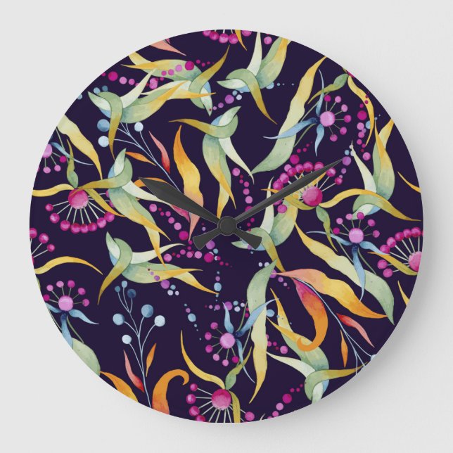 Verschiedene Pflanze: nahtloses Aquarelldesign Große Wanduhr (Vorderseite)