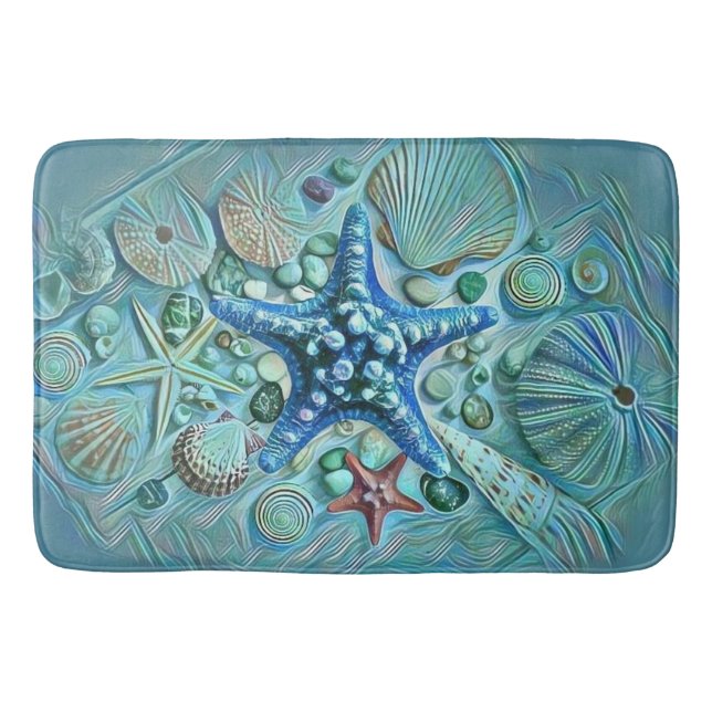 Verschiedene tropische Muscheln blauer Malerei Badematte (Vorderseite)