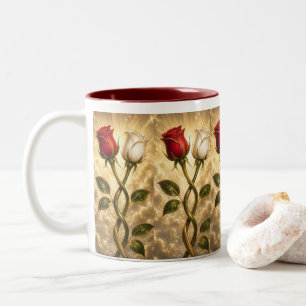 Verschlungene rote und weiße Rosen. Zweifarbige Tasse