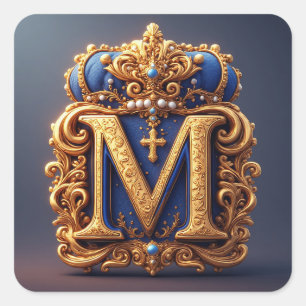 Verschlungener goldener Buchstabe M mit Kronenrahm Quadratischer Aufkleber