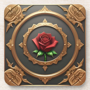 Verschlungener goldener Rahmen mit roter Rose Getränkeuntersetzer