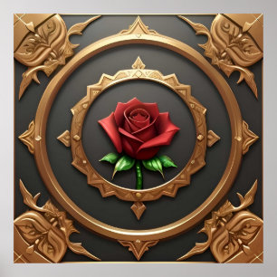 Verschlungener goldener Rahmen mit roter Rose Poster