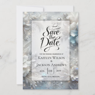 Verschneite Blütenblätter in gefrorener Blütenhoch Save The Date
