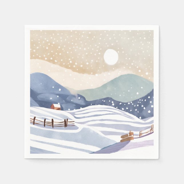 Verschneiter Hang | Wasserfarben Winter Serviette (Vorderseite)