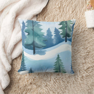 Verschneiter Kiefernwald   Winter Aquarell Kissen