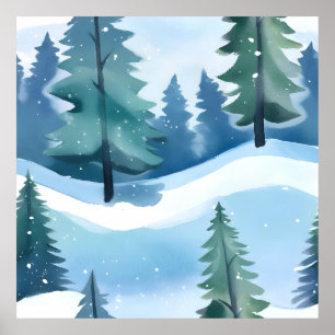 Verschneiter Kiefernwald Winter Aquarell Poster