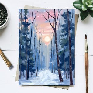 Verschneiter Waldweg Winter Sonnenlicht Aquarell Postkarte