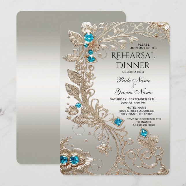 Verschönern Gold Blue Stones Probe Dinner Einladung (Vorne/Hinten)