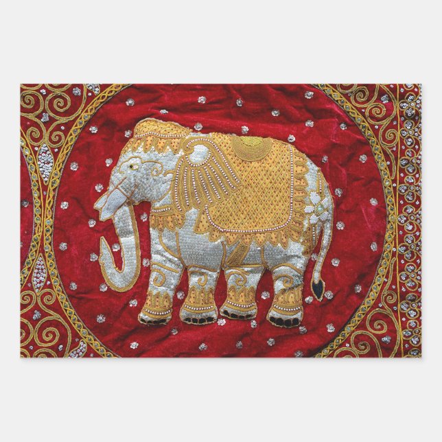 Verschönert indische Elefanten Rot und Gold Geschenkpapier Set (Vorderseite)