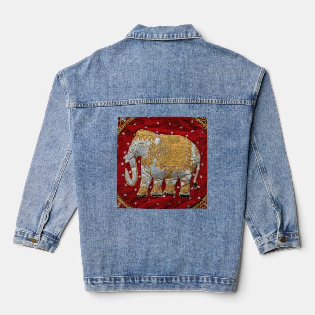 Verschönert indische Elefanten Rot und Gold Jeansjacke (Rückseite)