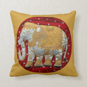 Verschönertes indischer Elefant-Rot und Gold Kissen